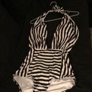 Black and white striped swim suit